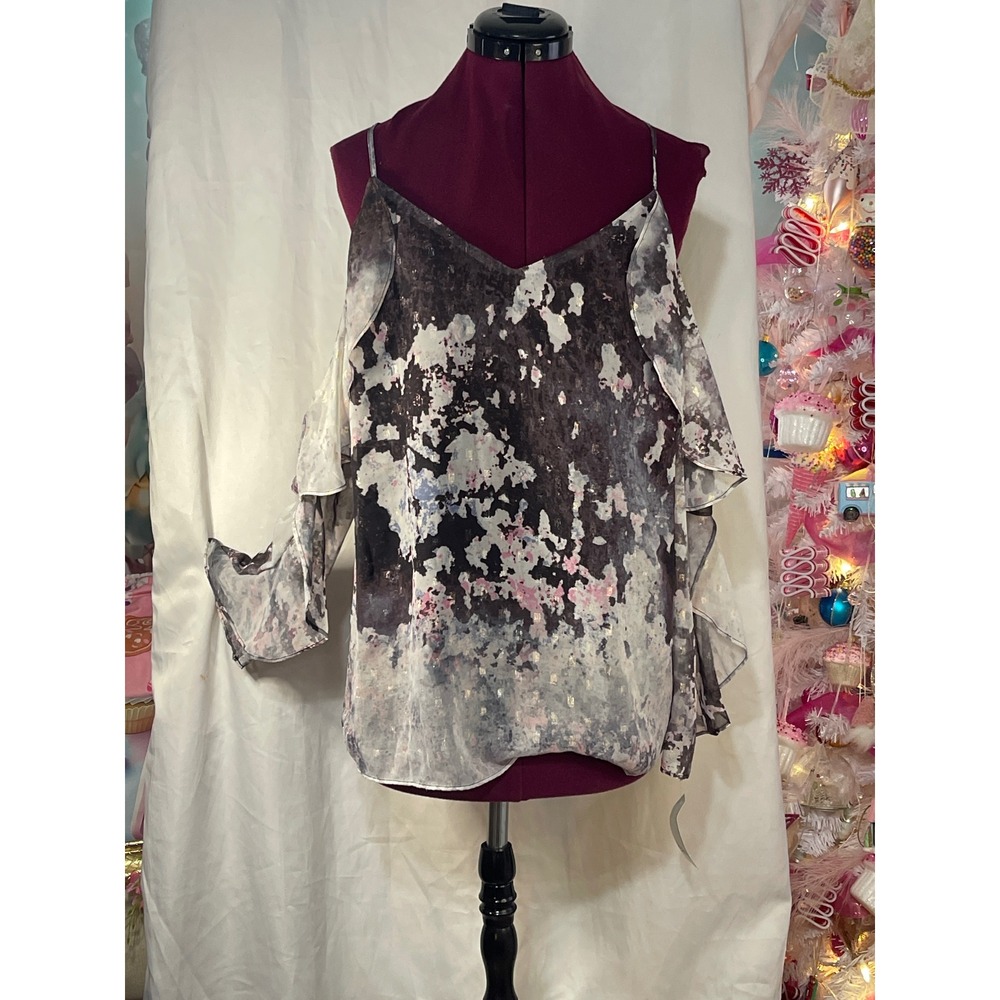 Bar III Splatter‎ Paint Cold Shoulder Top Womens Large Grey Pink NWT 100014314